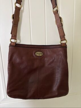 Fossil Brown Leather Crossbody Bag Multi-Zip Organizer Adjustable Strap